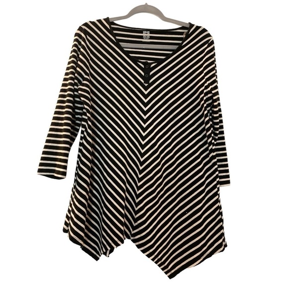 Anne Klein Sport tunic top, cotton, L, black and white stripe, assymetrical. - Picture 1 of 6